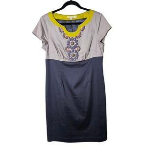 Boden Carmen Floral Beaded‎ Navy Gray Colorblocked Lined Sheath Dress Size 10